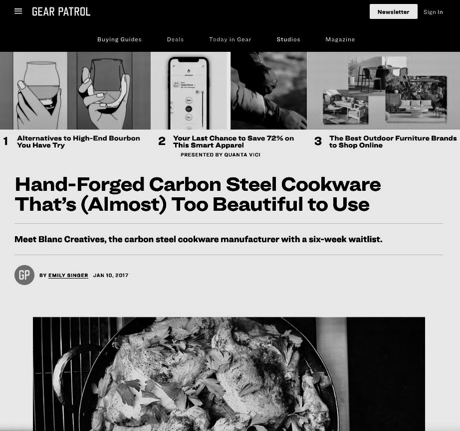 Gear Patrol article titled "Hand-forged Carbon Steel Cookware That's (Almost) Too Beautiful to Use
